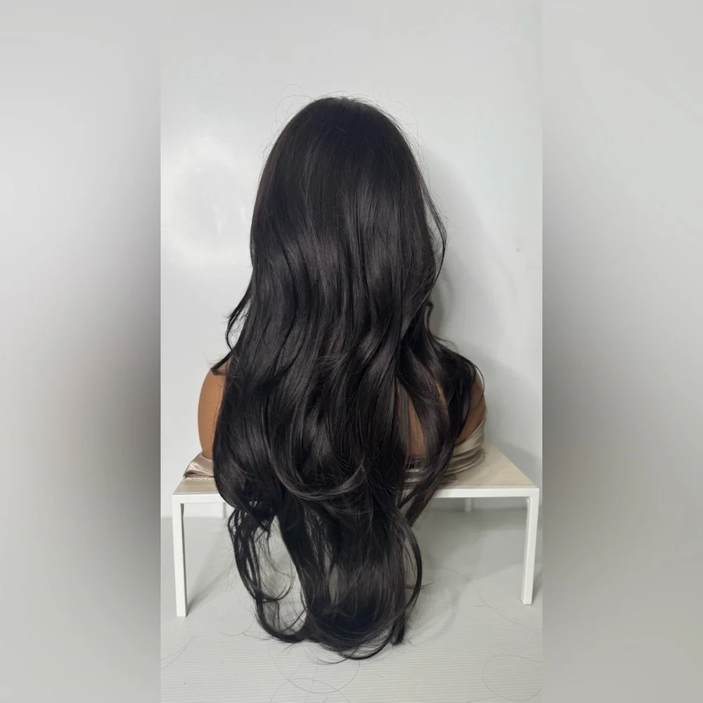 Long Black Layered Synthetic Wig – Natural Jet Black, Curtain Bangs